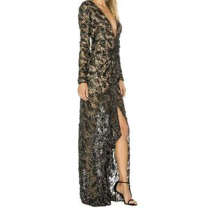 Revolve NBD $248 Sequin Disc Black Lace Ice Melts Maxi Gown Low V Neck Dress XS